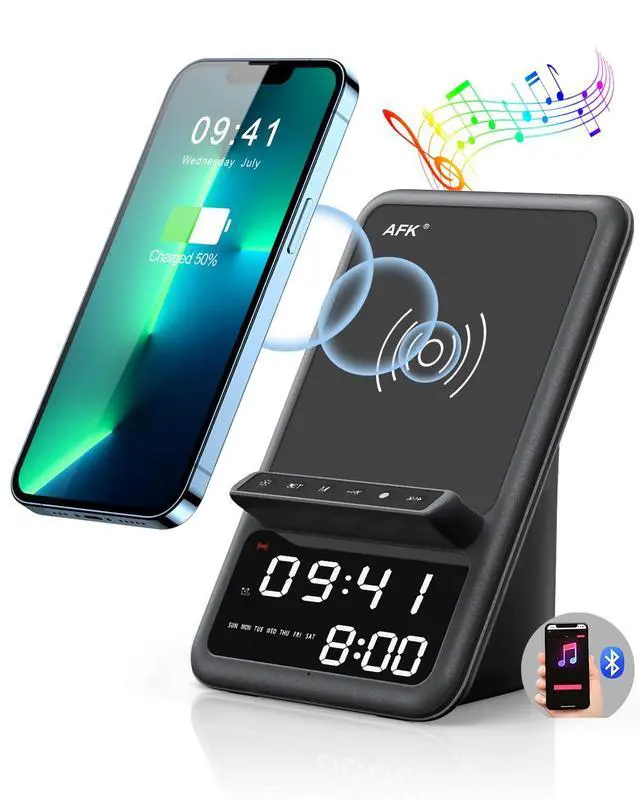 Alt view image 7 of 12 - Wireless Charging Station with Bluetooth Speaker and Alarm Clock,Wireless Charger Compatible with iPhone,Android Phones(Black)