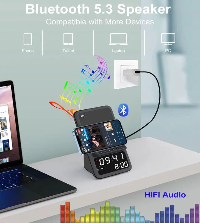 Alt view image 10 of 12 - Wireless Charging Station with Bluetooth Speaker and Alarm Clock,Wireless Charger Compatible with iPhone,Android Phones(Black)