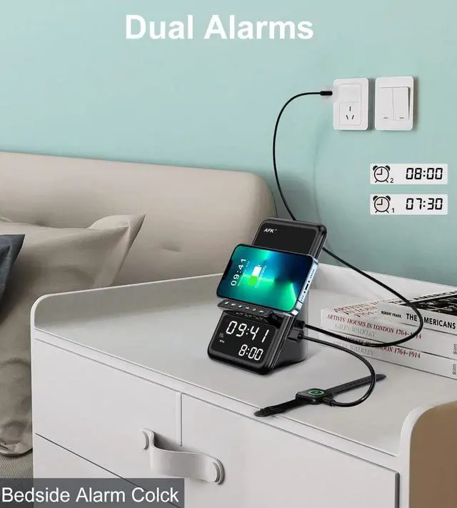 Alt view image 11 of 12 - Wireless Charging Station with Bluetooth Speaker and Alarm Clock,Wireless Charger Compatible with iPhone,Android Phones(Black)