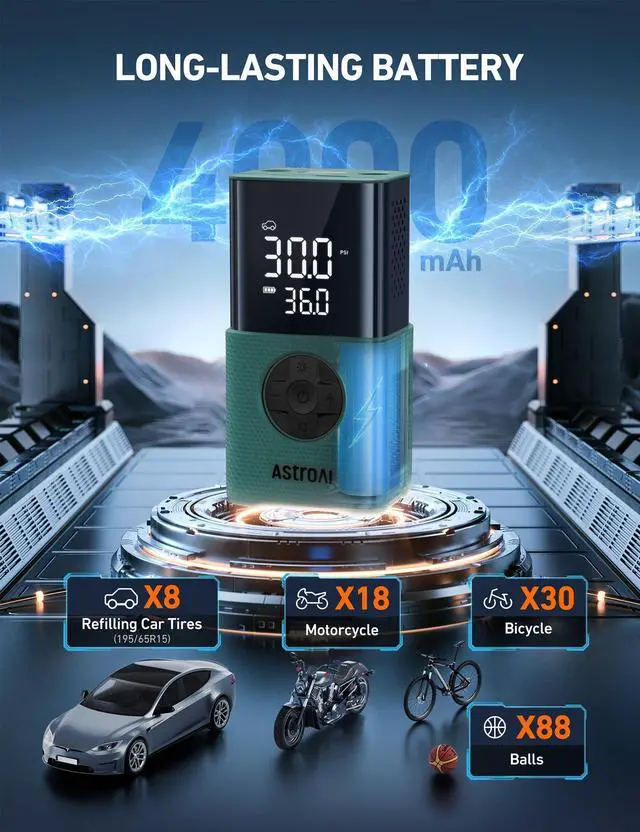 Alt view image 10 of 14 - Tire Inflator L7S Portable Air Compressor Cordless Bike Pump with Digital Dual Values Display, 150 PSI Car Tires Pump with LED Lights Air Pump for Cars, Motorcycles, Bikes, Balls Green