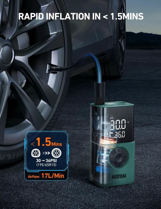 Alt view image 11 of 14 - Tire Inflator L7S Portable Air Compressor Cordless Bike Pump with Digital Dual Values Display, 150 PSI Car Tires Pump with LED Lights Air Pump for Cars, Motorcycles, Bikes, Balls Green