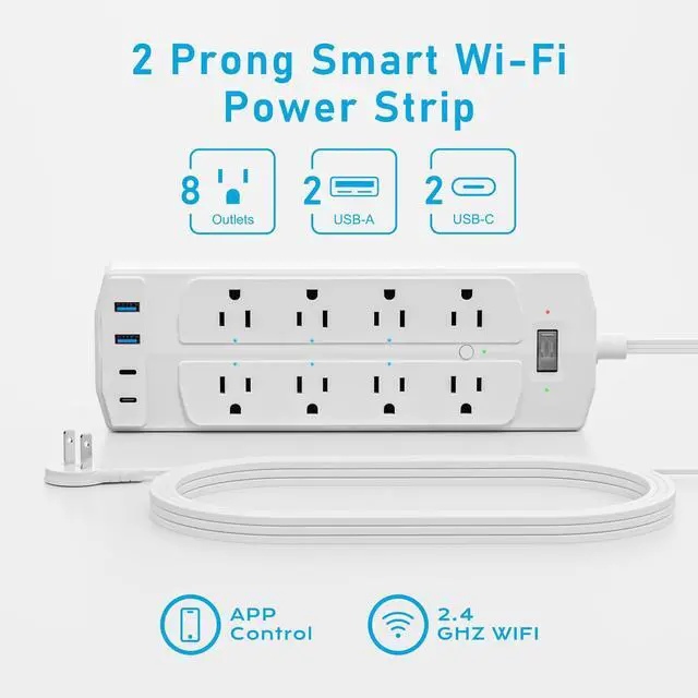 Alt view image 8 of 12 - 2 Prong Smart Plug Power Strip, 2 Prong to 3 Prong Outlet Adapter, Surge Protector 2000J, 5 FT Flat Plug Extension Cord with 8 Outlets 4 USB Ports(2 USB C), Wall Mountable, White