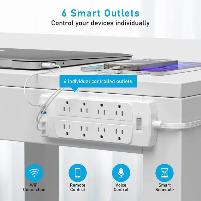 Alt view image 10 of 12 - 2 Prong Smart Plug Power Strip, 2 Prong to 3 Prong Outlet Adapter, Surge Protector 2000J, 5 FT Flat Plug Extension Cord with 8 Outlets 4 USB Ports(2 USB C), Wall Mountable, White