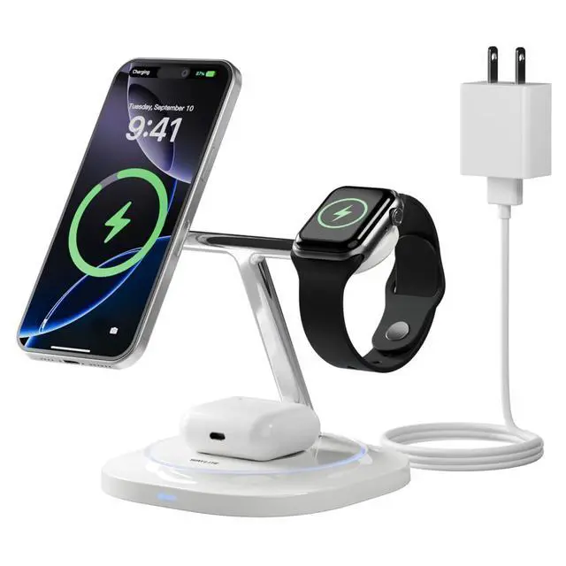 Alt view image 8 of 14 - 3 in 1 Magnetic Wireless Charger for Apple - Fast Charging Station Compatible with MagSafe for iPhone17-12, Apple Watch& AirPods, Phone and Watch Charger Stand for Desktop Bedside Nightstand (White)