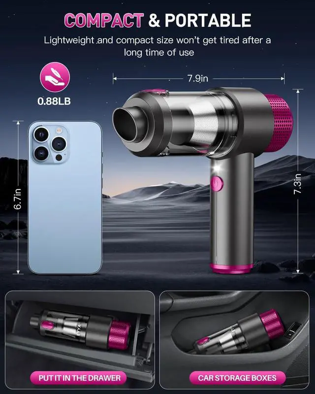 Alt view image 14 of 14 - Handheld Cordless Car Vacuum Cleaner, 4-in-1 Portable Mini Car Vacuum Cleaner, 15000PA High Power & Air Duster with LED Light for Home Office