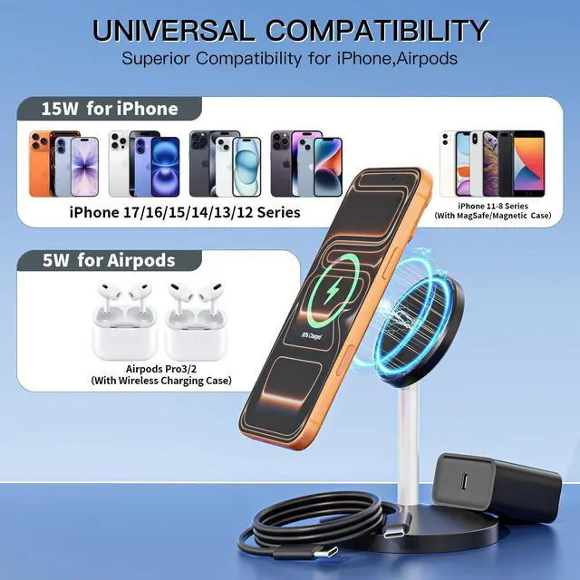 Alt view image 8 of 8 - Magnetic Wireless Charger i Phone Stand 15W Fast Mag-Safe Charging Station 6FT Magnet Wireless Charging Stand with Plug Compatible with Apple iPhone 17/17 Pro/Air/17Pro Max 16/15/14/13/12,AirPods Pro