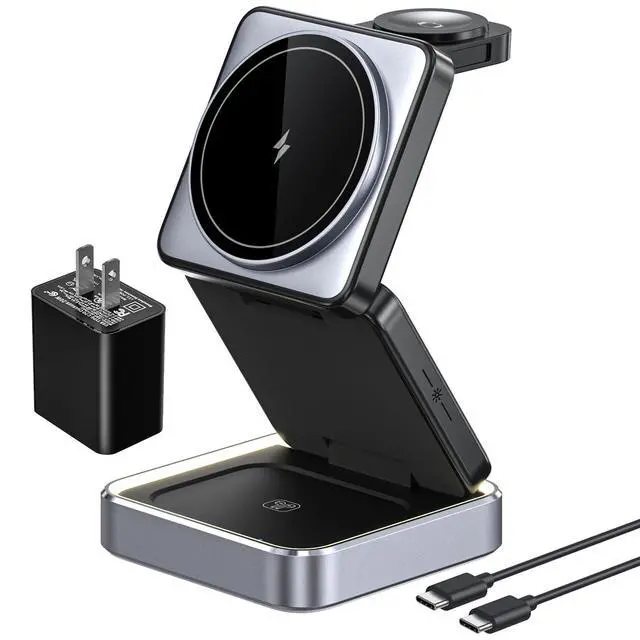 Alt view image 8 of 14 - 3 in 1 Wireless Charger for iPhone 17 16 15 14 13 12 11 Pro Max Foldable Wireless Charging Station with Night Light for MagSafe Travel Magnetic Charger Stand Fast Charging for AirPods Apple Watch B