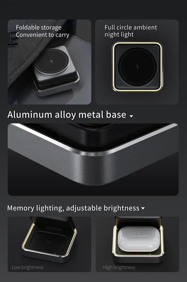 Alt view image 12 of 14 - 3 in 1 Wireless Charger for iPhone 17 16 15 14 13 12 11 Pro Max Foldable Wireless Charging Station with Night Light for MagSafe Travel Magnetic Charger Stand Fast Charging for AirPods Apple Watch B