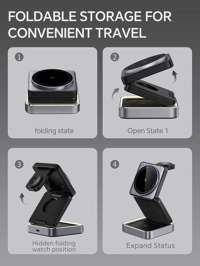 Alt view image 13 of 14 - 3 in 1 Wireless Charger for iPhone 17 16 15 14 13 12 11 Pro Max Foldable Wireless Charging Station with Night Light for MagSafe Travel Magnetic Charger Stand Fast Charging for AirPods Apple Watch B