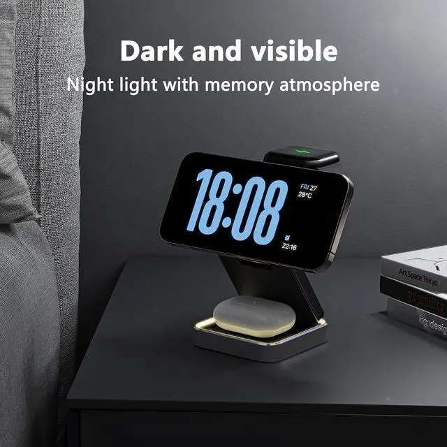 Alt view image 14 of 14 - 3 in 1 Wireless Charger for iPhone 17 16 15 14 13 12 11 Pro Max Foldable Wireless Charging Station with Night Light for MagSafe Travel Magnetic Charger Stand Fast Charging for AirPods Apple Watch B