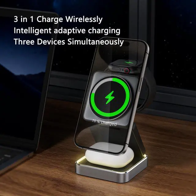Alt view image 9 of 14 - 3 in 1 Wireless Charger for iPhone 17 16 15 14 13 12 11 Pro Max Foldable Wireless Charging Station with Night Light for MagSafe Travel Magnetic Charger Stand Fast Charging for AirPods Apple Watch B