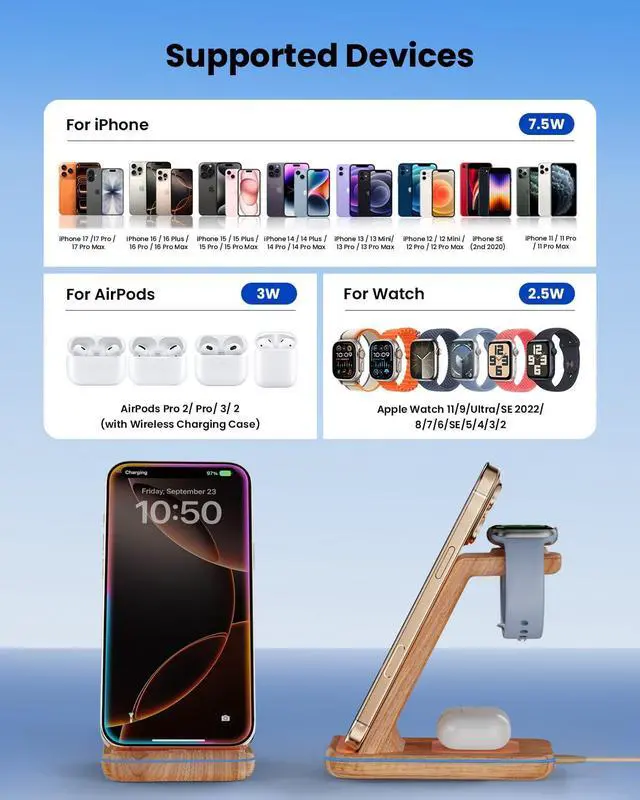 Alt view image 9 of 14 - 3 in 1 Wireless Charging, Wireless Charger Stand for Multiple Apple Devices, Wireless Charger for iPhone 17 16 15 14 13 12 11 Pro Max XS XR 8, Apple Watch 11 9 8 7 6 SE 5 4 3 2, AirPods 3/2/Pro