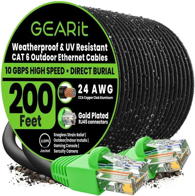 Alt view image 8 of 14 - Cat6 Ethernet Cable 200ft, Outdoor Direct Burial Cat 6 Cable 24AWG High Speed Up to 10Gbps, LLDPE (PE) UV-Resistant Waterproof Jacket, CCA RJ45 Network Internet Cable for Router- Black,200FT