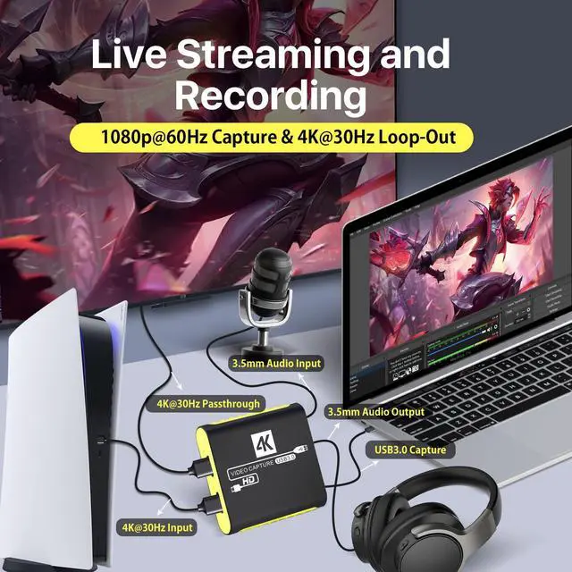 Alt view image 8 of 8 - Capture Card for Nintendo Switch 2, Switch 1, OLED, Steam Deck, PS4, PS5, Xbox, USB3.0 1080P 60FPS Streaming, 4K@30Hz HDMI Passthrough, Plug and Play, Compatible with OBS,YouTube,TikTok, Mac,Windows