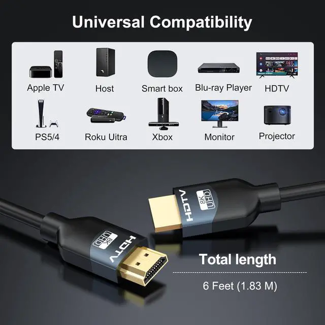 Alt view image 13 of 14 - 8K HDMI 2.1 Cables 6FT 5-Pack, High Speed HDMI Gaming Monitor Cable for PS5 TV-8K ARC&eARC HDMI Cord-165/180/240Hz, HDCP2.3, 3D/HDR10 for Soundbar, PS5, PS4, TV, Xbox, Roku, Cinema, Computer, Monitor