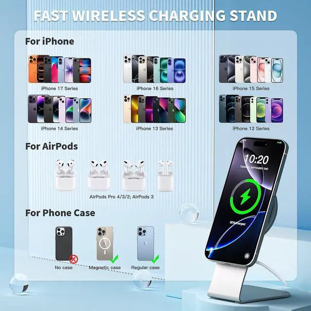 Alt view image 12 of 14 - Magnetic Wireless Charger for Apple iPhone 17 Mag Safe Charging,USB-C Charger Block & 6FT 15W Fast Wireless Charging Pad Stand for iPhone 17/17Air/17Pro/17 ProMax/16/16 Plus/15/14/13/12 Series,AirPods