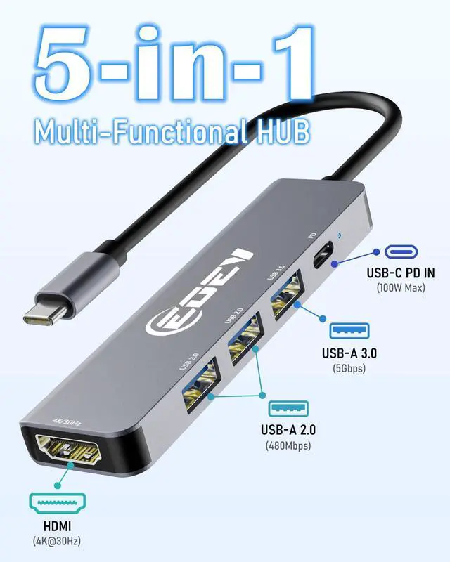 Alt view image 9 of 14 - 5 in 1 USB C Hub Multi-Port Adapter USB A 3.0 5Gbps Data Ports, 2X USB A 2.0 with PD 100W Charging, Type-C to HDMI Adapter 4K@30Hz Data Ports for PC, Desktop, Mac Book Air pro Dell and More (Silver)