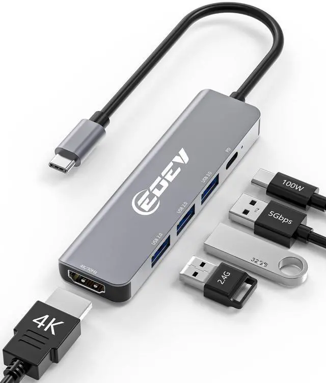 Alt view image 8 of 14 - 5 in 1 USB C Hub Multi-Port Adapter USB A 3.0 5Gbps Data Ports, 2X USB A 2.0 with PD 100W Charging, Type-C to HDMI Adapter 4K@30Hz Data Ports for PC, Desktop, Mac Book Air pro Dell and More (Silver)