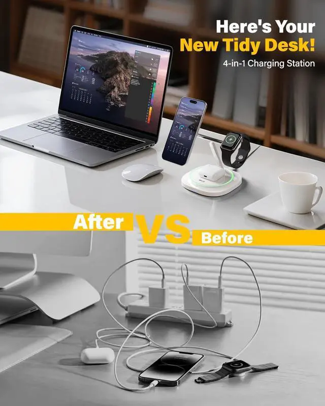 Alt view image 9 of 14 - 3 in 1 Magnetic Wireless Charger for Apple - Fast Charging Station Compatible with MagSafe for iPhone17-12, Apple Watch& AirPods, Phone and Watch Charger Stand for Desktop Bedside Nightstand (White)