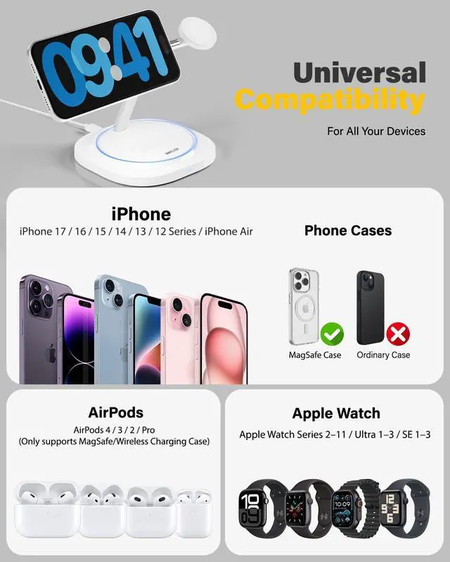 Alt view image 11 of 14 - 3 in 1 Magnetic Wireless Charger for Apple - Fast Charging Station Compatible with MagSafe for iPhone17-12, Apple Watch& AirPods, Phone and Watch Charger Stand for Desktop Bedside Nightstand (White)