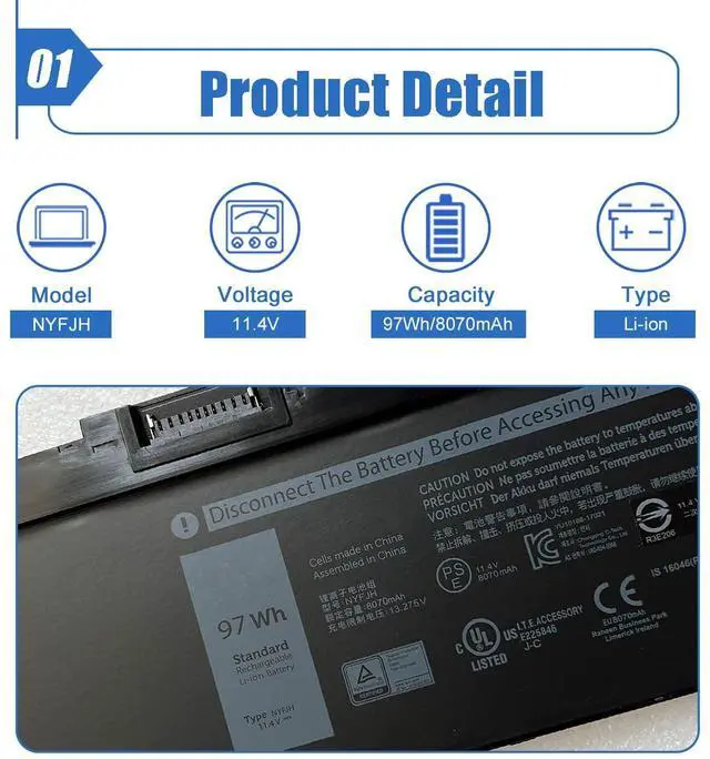 Alt view image 8 of 12 - 97Wh NYFJH Laptop Battery Replace for Dell Precision 7530 7730 7540 7740 Mobile Workstation P74F P74F001 P74F002 P34E P34E001 P34E002 Series Notebook 0WNRC 00WNRC GW0K9 0GW0K9 11.4V 8070mAh