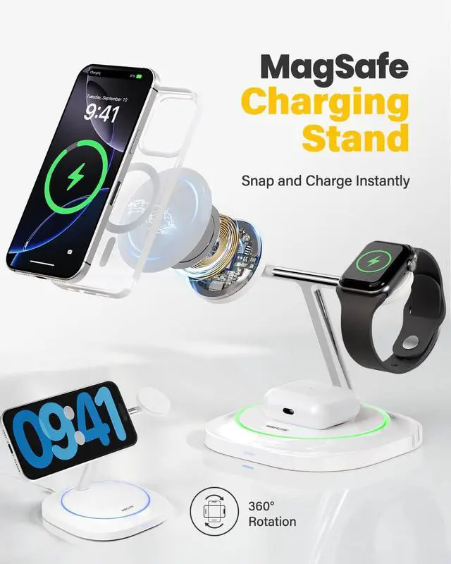 Alt view image 10 of 14 - 3 in 1 Magnetic Wireless Charger for Apple - Fast Charging Station Compatible with MagSafe for iPhone17-12, Apple Watch& AirPods, Phone and Watch Charger Stand for Desktop Bedside Nightstand (White)