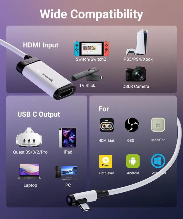 Alt view image 12 of 14 - 2K@30Hz Video Capture Card with 100W PD Charging 5FT Compatible with Quest 3S/3/2, Made for Meta, 4K Input HDMI Female to USB-C Capture Card for Stream VR Game Recording for Switch, PS5, iPad