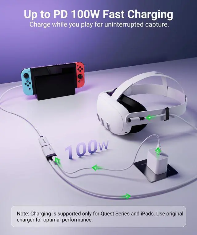 Alt view image 10 of 14 - 2K@30Hz Video Capture Card with 100W PD Charging 5FT Compatible with Quest 3S/3/2, Made for Meta, 4K Input HDMI Female to USB-C Capture Card for Stream VR Game Recording for Switch, PS5, iPad