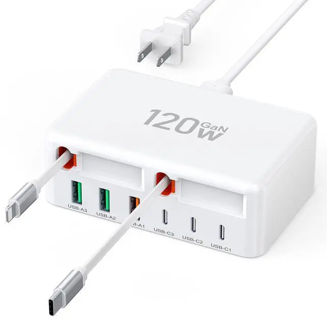 Alt view image 8 of 14 - Upgraded 8-in-1 Retractable USB C Charger Block, 120W GaN Multi Charging Station Hub with Lightening & Type C Cable, Travel Essential USB C Power Strip Plug for iPhone 17 16 15 14 Pro Max iPad Galaxy