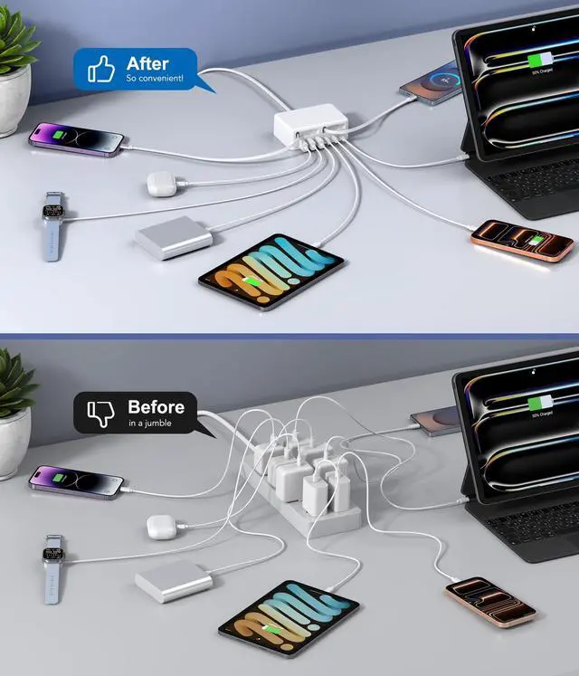 Alt view image 11 of 14 - Upgraded 8-in-1 Retractable USB C Charger Block, 120W GaN Multi Charging Station Hub with Lightening & Type C Cable, Travel Essential USB C Power Strip Plug for iPhone 17 16 15 14 Pro Max iPad Galaxy