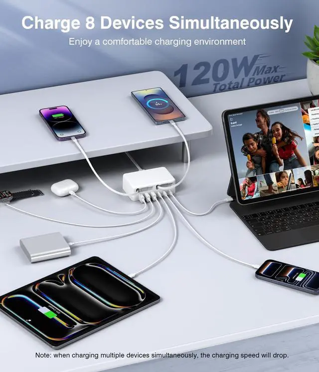 Alt view image 12 of 14 - Upgraded 8-in-1 Retractable USB C Charger Block, 120W GaN Multi Charging Station Hub with Lightening & Type C Cable, Travel Essential USB C Power Strip Plug for iPhone 17 16 15 14 Pro Max iPad Galaxy