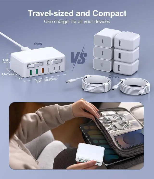 Alt view image 14 of 14 - Upgraded 8-in-1 Retractable USB C Charger Block, 120W GaN Multi Charging Station Hub with Lightening & Type C Cable, Travel Essential USB C Power Strip Plug for iPhone 17 16 15 14 Pro Max iPad Galaxy