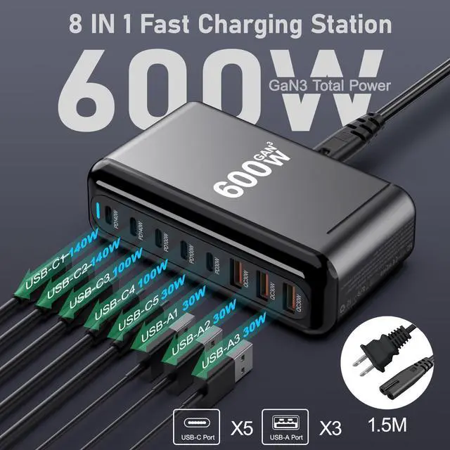Alt view image 9 of 14 - 600W USB C Charger 8 Port PD 140W 100W 65W 45W 20W GaN Wall Charger Adapter Plug Fast Charging Station Block for MacBook Pro/Air, iPad, iPhone 17 16 Galaxy S26 Pixel Dell Laptop Type C Phone Android
