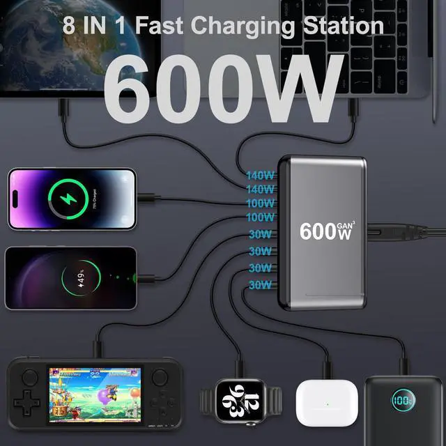 Alt view image 12 of 14 - 600W USB C Charger 8 Port PD 140W 100W 65W 45W 20W GaN Wall Charger Adapter Plug Fast Charging Station Block for MacBook Pro/Air, iPad, iPhone 17 16 Galaxy S26 Pixel Dell Laptop Type C Phone Android