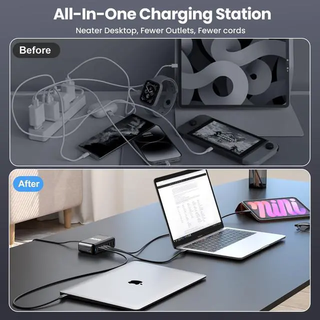 Alt view image 11 of 14 - 600W USB C Charger 8 Port PD 140W 100W 65W 45W 20W GaN Wall Charger Adapter Plug Fast Charging Station Block for MacBook Pro/Air, iPad, iPhone 17 16 Galaxy S26 Pixel Dell Laptop Type C Phone Android