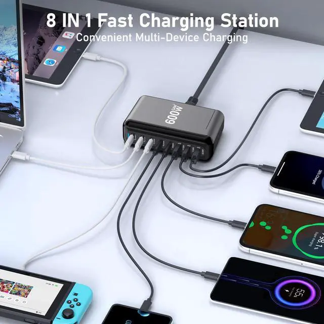 Alt view image 14 of 14 - 600W USB C Charger 8 Port PD 140W 100W 65W 45W 20W GaN Wall Charger Adapter Plug Fast Charging Station Block for MacBook Pro/Air, iPad, iPhone 17 16 Galaxy S26 Pixel Dell Laptop Type C Phone Android