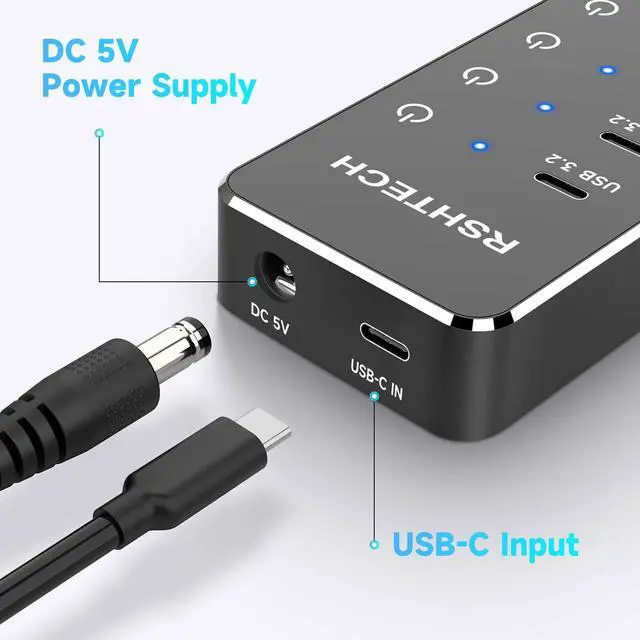 Alt view image 12 of 14 - 7-Port Powered USB 3.2/USB-C Hub Splitter with 3 x 10Gbps USB-3.2 Ports (2C + 1A),4 USB-3.0 Ports (2C + 2A), 3.3ft Cable, Touch Switches, and 5V Power Adapter for Laptop PC