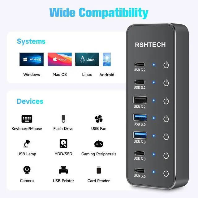 Alt view image 14 of 14 - 7-Port Powered USB 3.2/USB-C Hub Splitter with 3 x 10Gbps USB-3.2 Ports (2C + 1A),4 USB-3.0 Ports (2C + 2A), 3.3ft Cable, Touch Switches, and 5V Power Adapter for Laptop PC