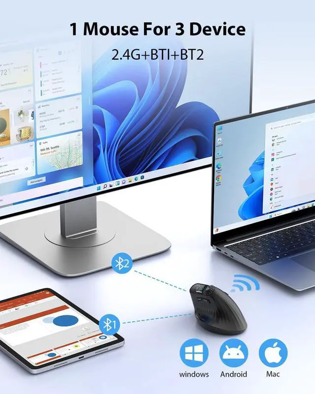 Alt view image 12 of 14 - Vertical Ergonomic Mouse with LED Screen & Knob Control, Rechargeable Vertical Mouse Wireless, 3-Device Connectivity (2.4G + Dual Bluetooth), Quiet Clicks, Computer Mice for PC/Mac/Laptop
