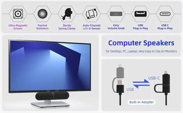 Alt view image 9 of 14 - Computer Speakers for Desktop PC, Monitor Speakers with Easy Volume Knob, Sturdy Clamp, Clear Sound, Decent Bass, USB Plug in External Speakers for Laptop, Small PC Soundbar, USB-C Adapter, 5Ft Cable