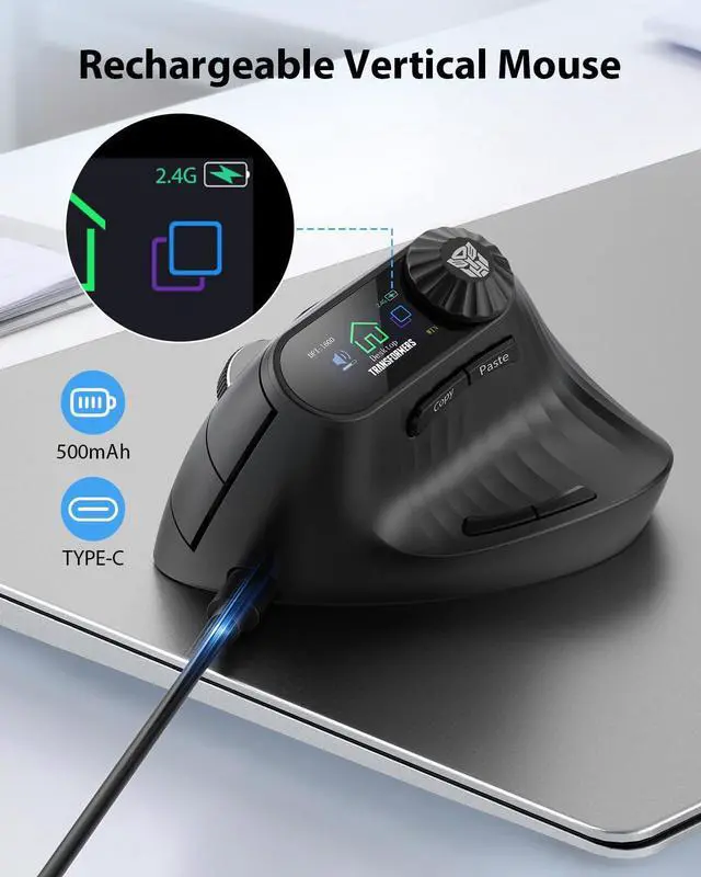 Alt view image 14 of 14 - Vertical Ergonomic Mouse with LED Screen & Knob Control, Rechargeable Vertical Mouse Wireless, 3-Device Connectivity (2.4G + Dual Bluetooth), Quiet Clicks, Computer Mice for PC/Mac/Laptop