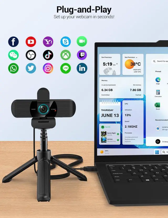 Alt view image 10 of 14 - Full HD 1080P Webcam with Built-in Dual Mics, Wide-Angle Lens, Privacy Cover, Tripod Stand, Autofocus Computer Camera, Plug and Play for Desktop PC or Laptop