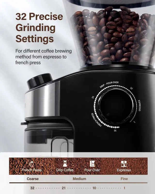 Alt view image 14 of 14 - Burr Coffee Grinder Electric with 32 Grinding Sizes 3.0,Coffee Bean Grinder with 40 Seconds Adjustable Electronic Timer, Coffee Grinders for Home Use with Chamber Cleaning Button,Black