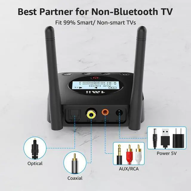 Alt view image 13 of 14 - B06TX+ Long Range Bluetooth 5.3 Transmitter for TV/PC/Projector to 2 Wireless Headphones/Speakers, Bluetooth Adapter for TV w/Screen Display, Plug n Play, aptX Low Latency & Adaptive & HD Audio