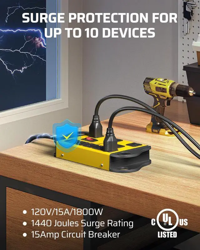 Alt view image 9 of 14 - 8-Outlet Metal Power Strip Surge Protector with 2 USB Ports, UL Listed, 15 Ft Flat Plug Extension Cord, Heavy Duty Industrial Power Strip,15A Circuit Breaker, 1440Joules, Wall Mount
