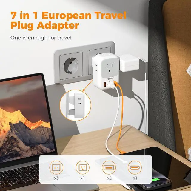 Alt view image 10 of 12 - European Travel Plug Adapter 2 Packs, Type C Europe Adaptor Foldable Plug 4 Outlets 3 USB(1 USB C PD 20W), US to Spain France Italy Germany Denmark Iceland European Travel Must Haves