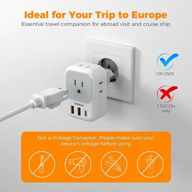 Alt view image 12 of 12 - European Travel Plug Adapter 2 Packs, Type C Europe Adaptor Foldable Plug 4 Outlets 3 USB(1 USB C PD 20W), US to Spain France Italy Germany Denmark Iceland European Travel Must Haves