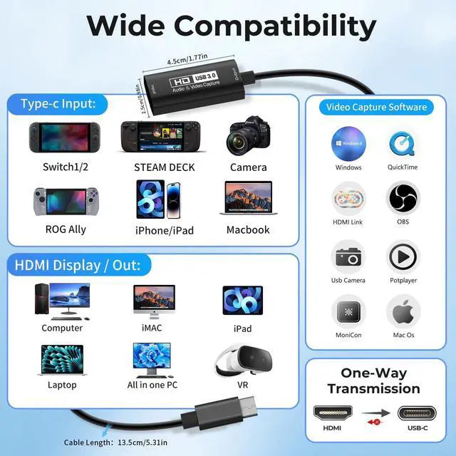 Alt view image 12 of 14 - Video Capture Card, USB3.0 HDMI to USB-C Capture Device, Stream & Record at 2K@30FPS 1080P@60FPS, Compatible with Mac OS Windows, Quest 3, OBS, Zoom, PS5/4, Switch, Xbox (Black)