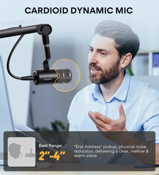 Alt view image 11 of 14 - XLR Podcast Microphone, Cardioid Studio Dynamic Mic for Vocal Recording, Streaming, Voice-Over, Voice Isolation Technology, Metal Mic, Works for Audio Interface, Mixer, Sound Card-PD100