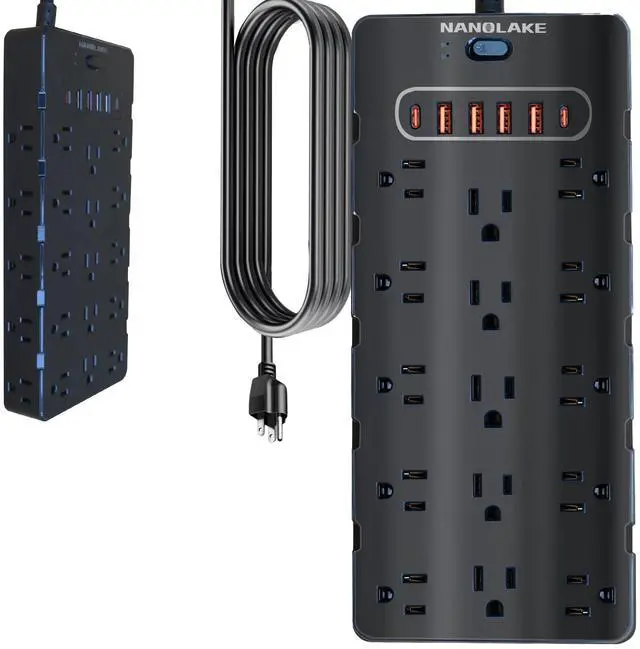 Alt view image 8 of 14 - 20 Amp Power Strip Surge Protector,Heavy Duty 12 Gauge 6.5 ft Cord/25 AC Outlets/4 USB A/2USB C/4000 Joules Surge protection/2500W/125V,Office Workshop Household Garage Black
